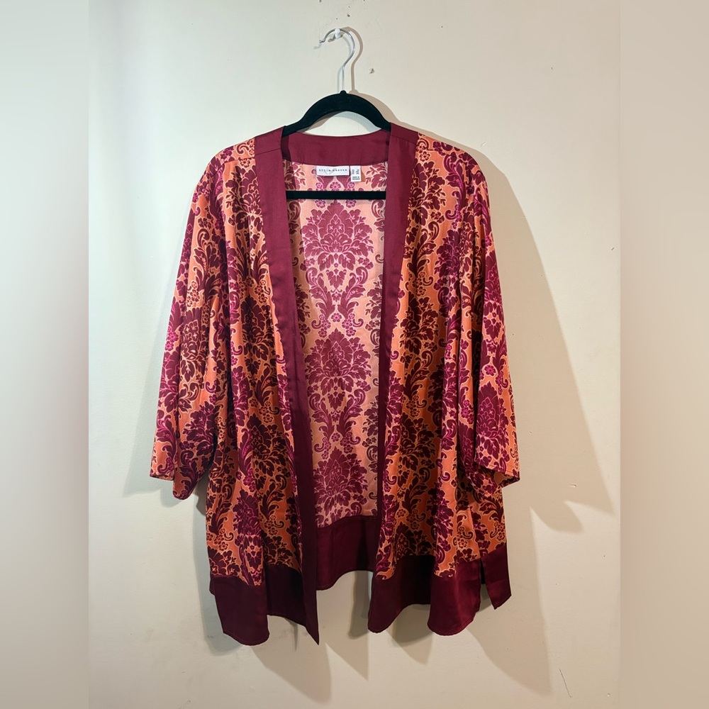 Susan Graver cardigan Women’s 3X Stretch Woven Open Front‎ burgundy orange print